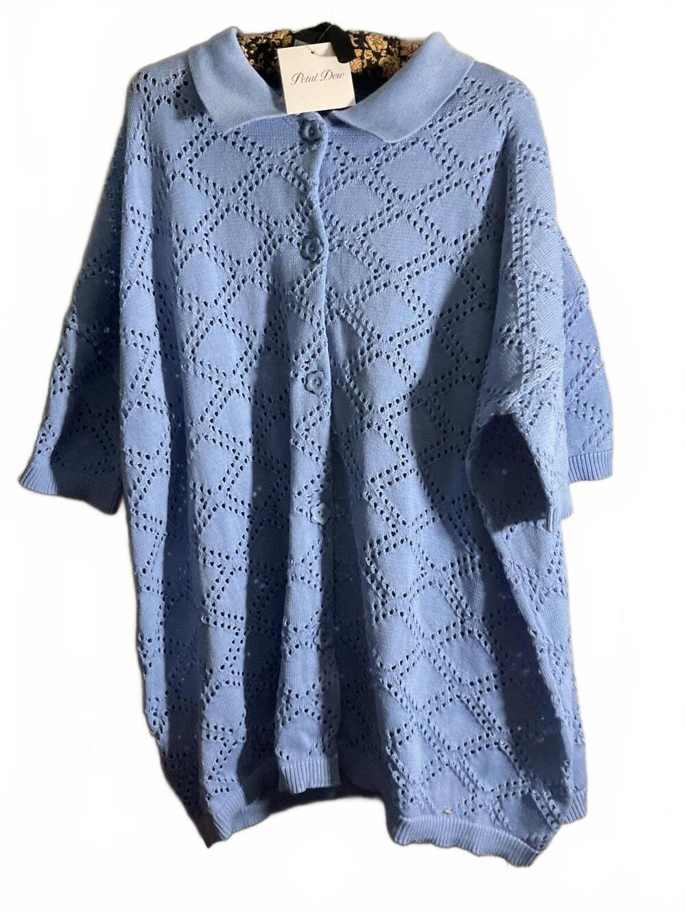 Petal Dew Light Blue Open Knit Short Sleeve Cardigan Sweater Large